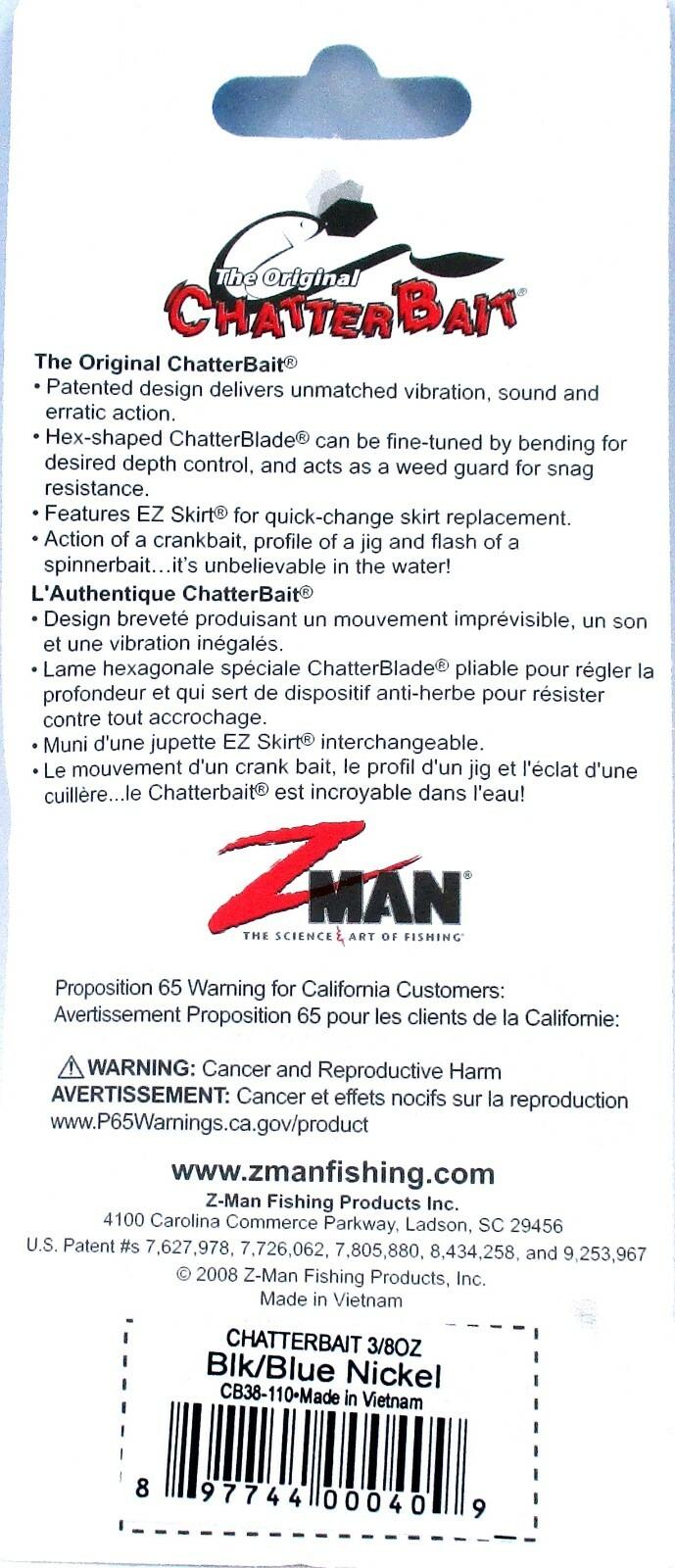 12- Z-Man 3/8 Oz The Original Chatterbait Fishing Lure Black/Blue Nickel CB38110 - Image 3