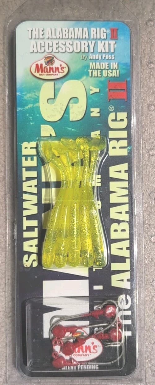 5-Saltwater Jig Heads w/Hardnose, Yellow, Manns Bait Company, The Alabama Rig II - Image 1