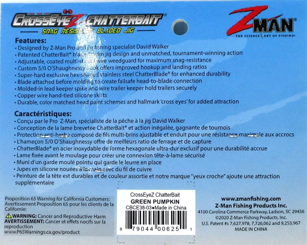 (6) Z-Man 3/8 Oz Crosseyez Chatterbait Fishing Lure Green Pumpkin CBCE38-03 New - Image 4