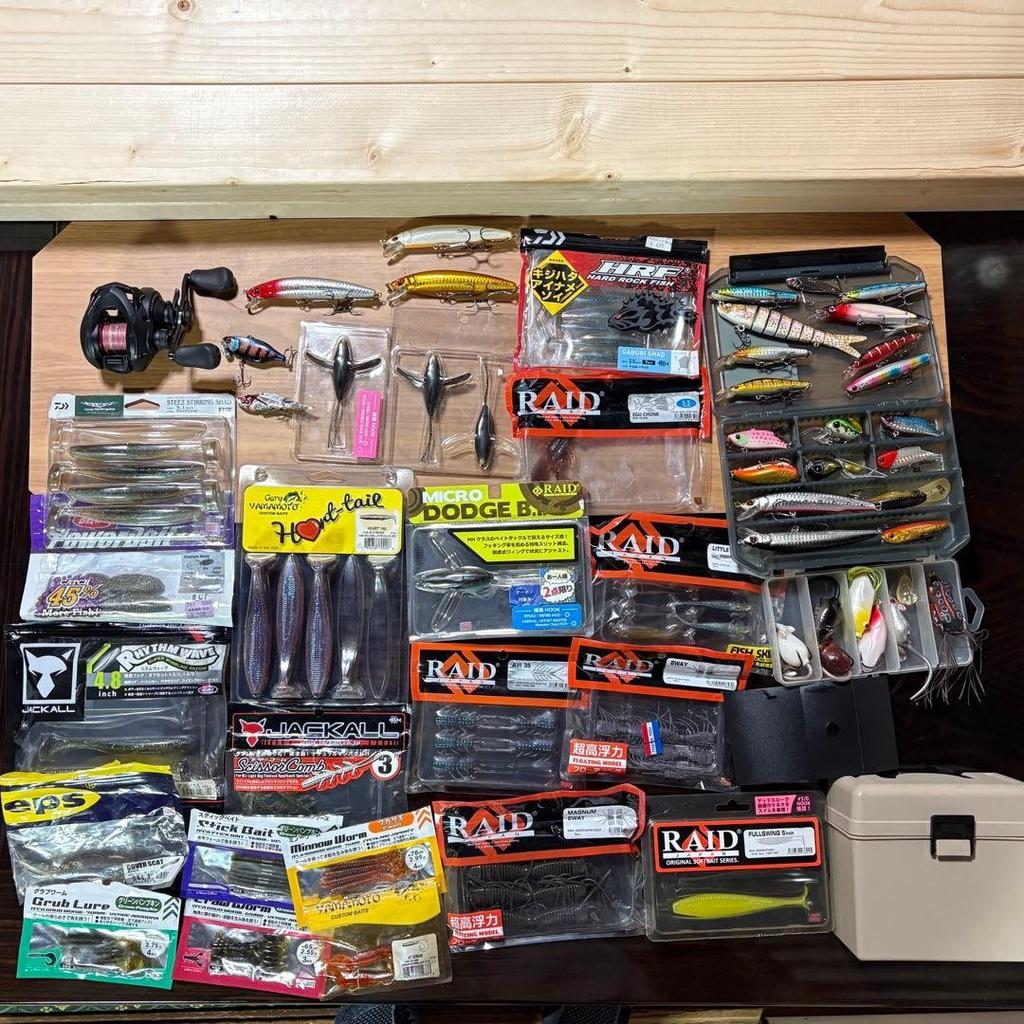 Bass fishing reel & lure set with soft & hard baits, case, multiple items - Image 1