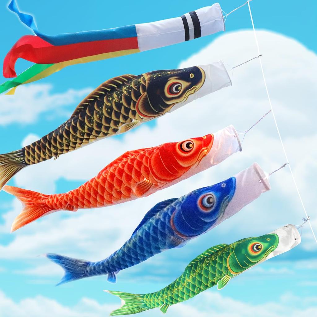 OKBABY Koinobori (Carp Streamer) with 4 Carp and Five-Colored Streamers (6m, 5m, - Image 1