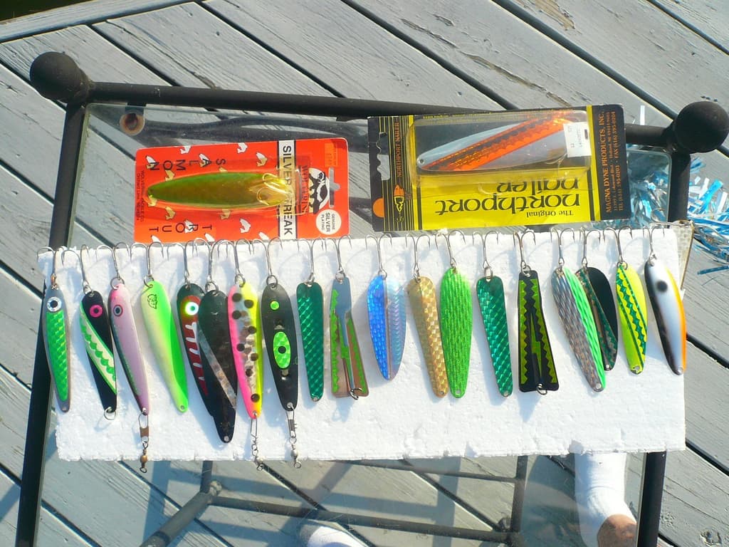 LOT OF 21 SALMON SPOONS AROUND 4" NORTHPORT NAILER, SILVER STREAKS,EPPINGER - Image 1