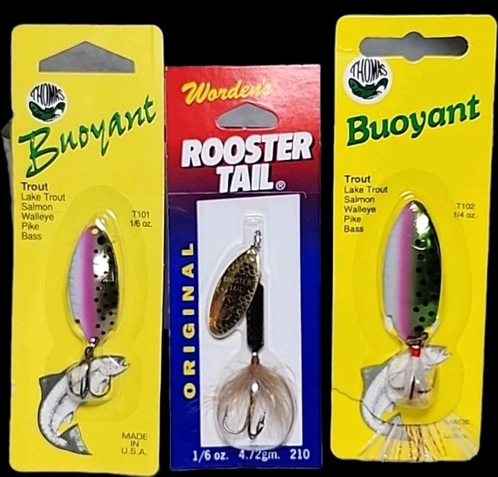 3 Fishing Lures Thomas Buoyant Spoons & Worden's Original Rooster Tail ⅙-⅑oz - Image 1
