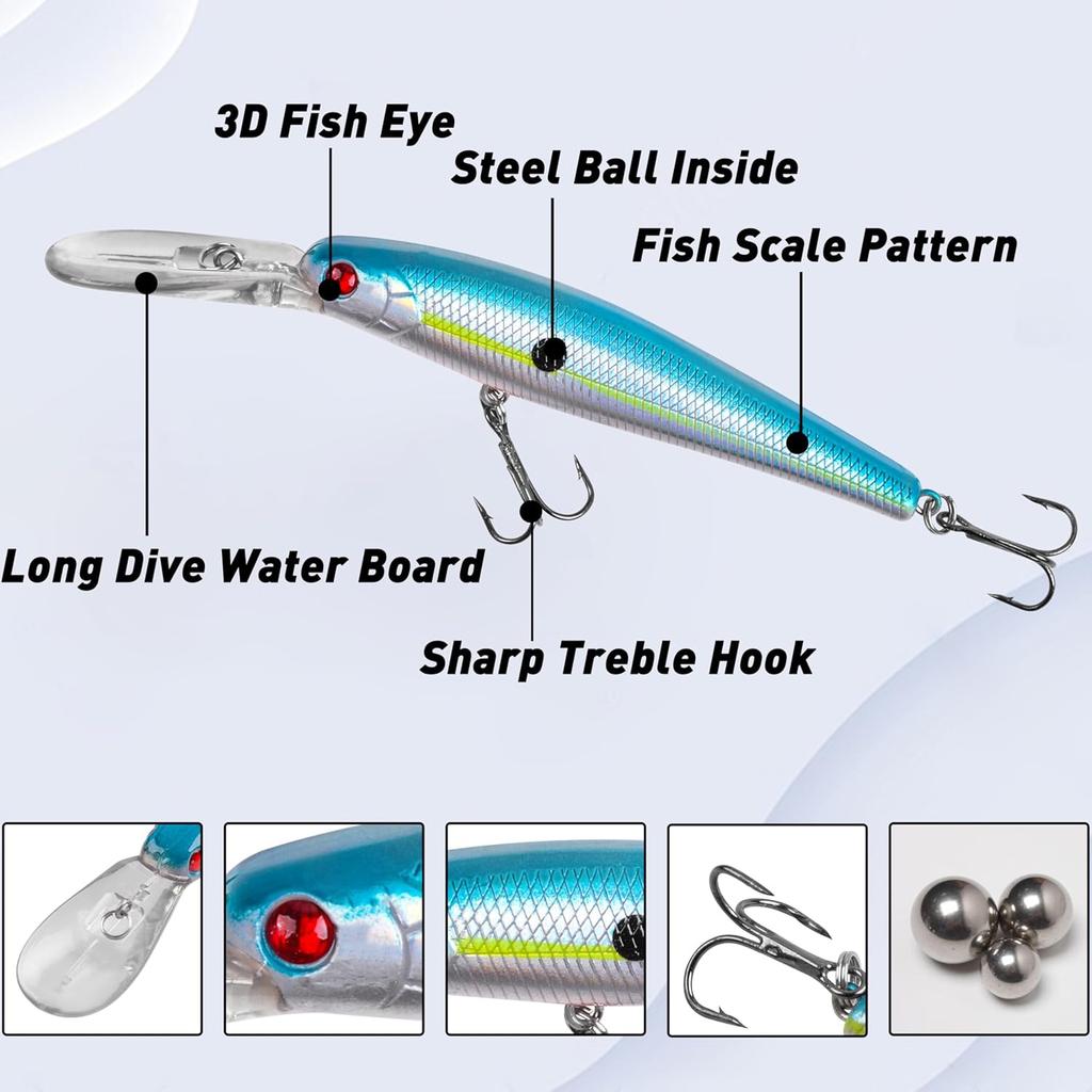 Fishing Lures Hard Baits Bass Crankbait Minnow, 10pcs Deep Diving Swimbait wi... - Image 6