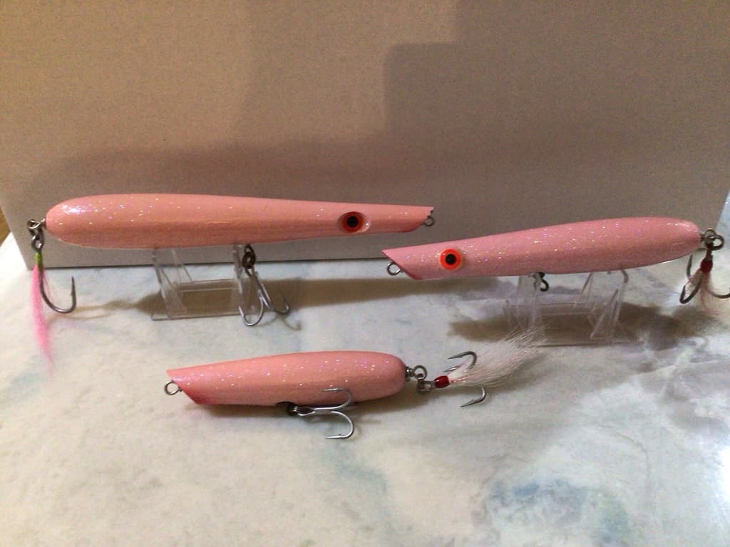 Plugcaster Pencil Poppers. Lot of 3. Saltwater Lures. Pink. New & Used. - Image 1