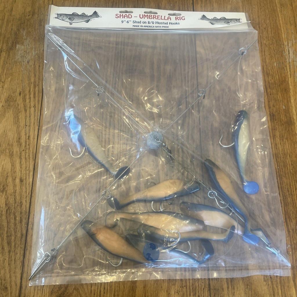 Umbrella Rig 4 Arm 11” With 6” Shad (9)  Pearl Blue 8/0 Hook Mustad New In Pkg - Image 1