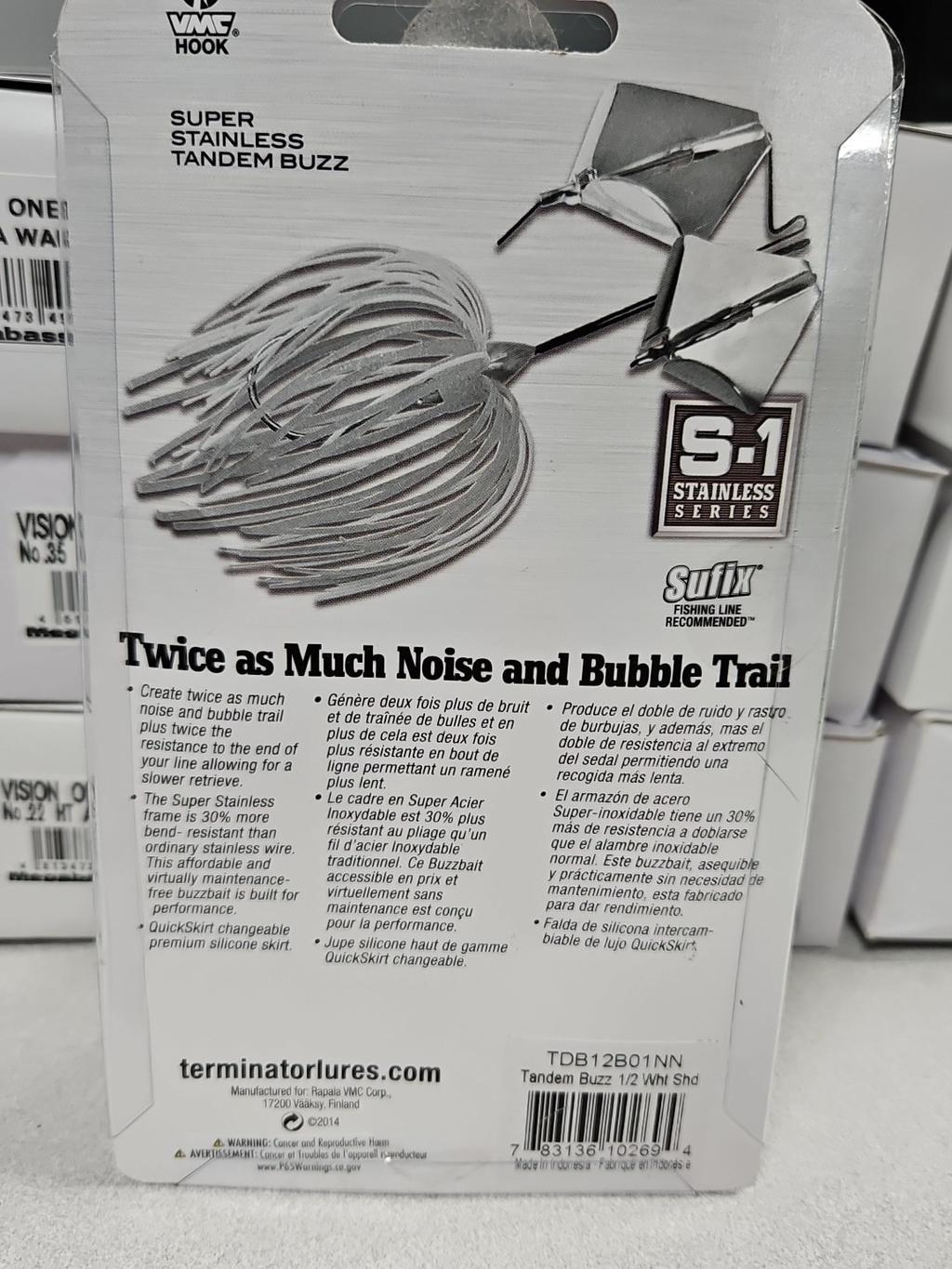 Discontinued Terminator 1/2oz SUPER STAINLESS TANDEM BUZZBAIT...White Shad...NOC - Image 2