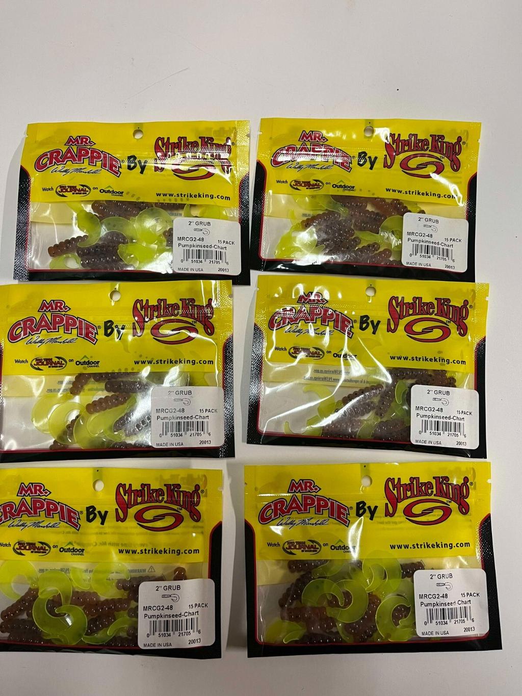 Lot of 6 Mr. Crappie Strike King Lures 2" Grub Pumpkinseed Chartreuse - Image 1