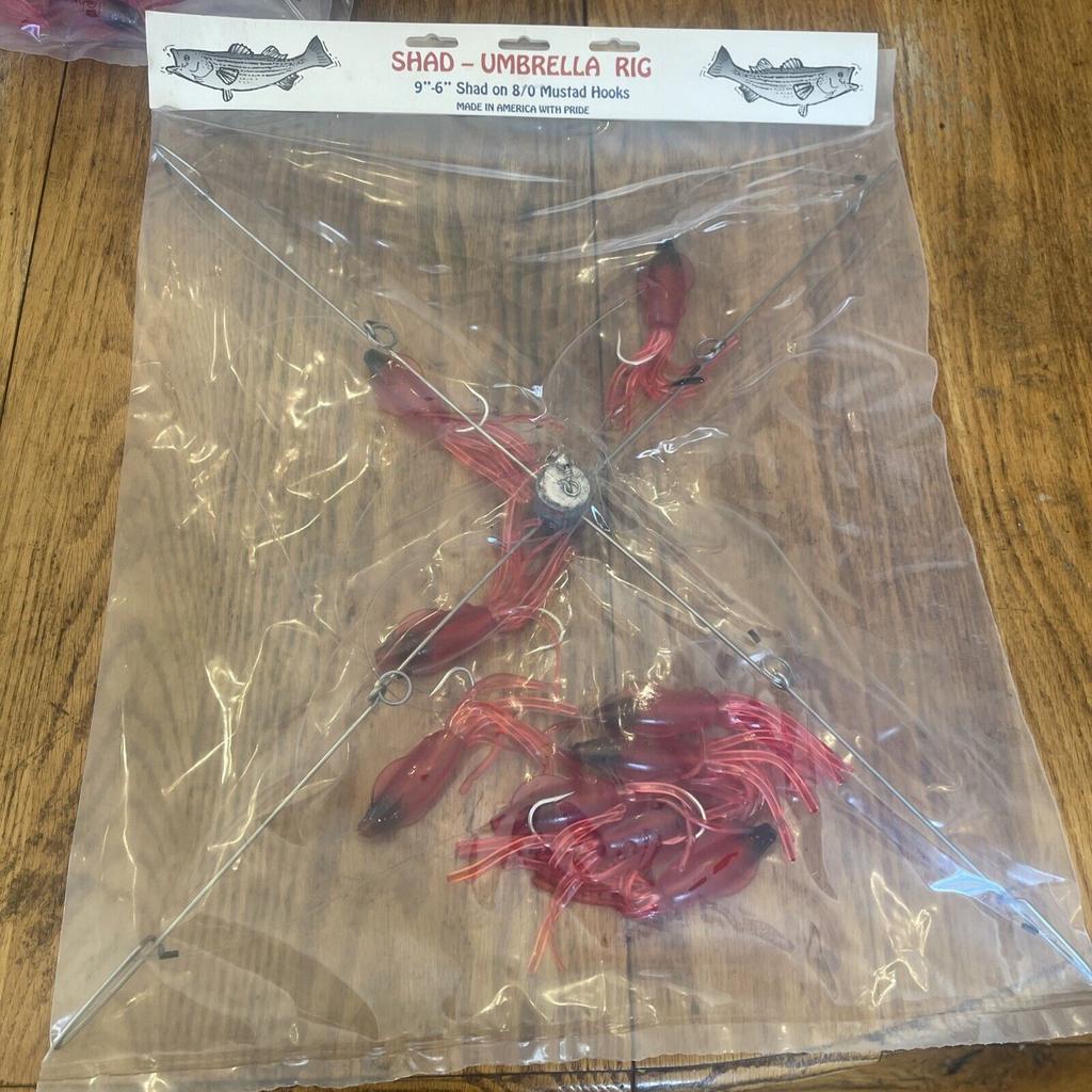 9” Umbrella Rig 4 Arm 11” With 5.5” Squid (9)  8/0 Mustad New Pkg Red Black Head - Image 1