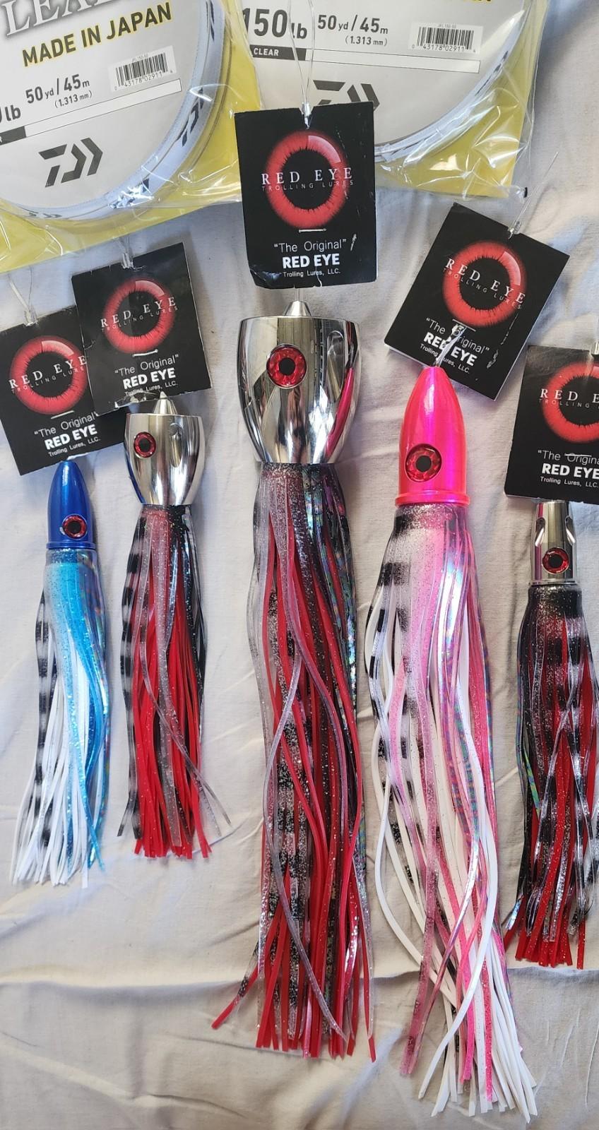 Set of 5 Red Eye Trolling Lures and Daiwa Flourocarbon 150lb Leader Fishing Line - Image 2