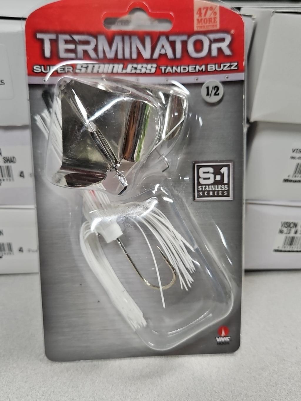 Discontinued Terminator 1/2oz SUPER STAINLESS TANDEM BUZZBAIT...White Shad...NOC - Image 1