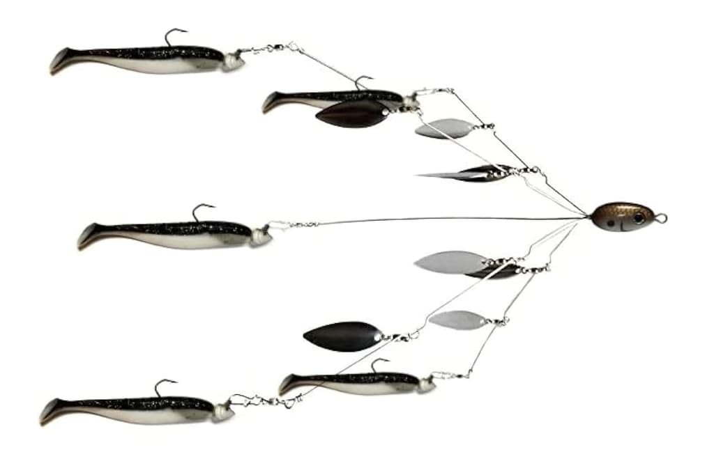 Fishing Vault Fully Rigged 5 Arms 8 Bladed Umbrella Rig Bass Lure W/Swim Baits - Image 1
