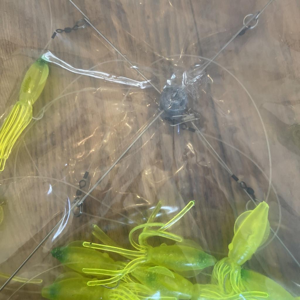 9” Umbrella Rig 4 Arm 11” With 5.5” Squid (9)  8/0 Mustad New Chartreuse Green - Image 14