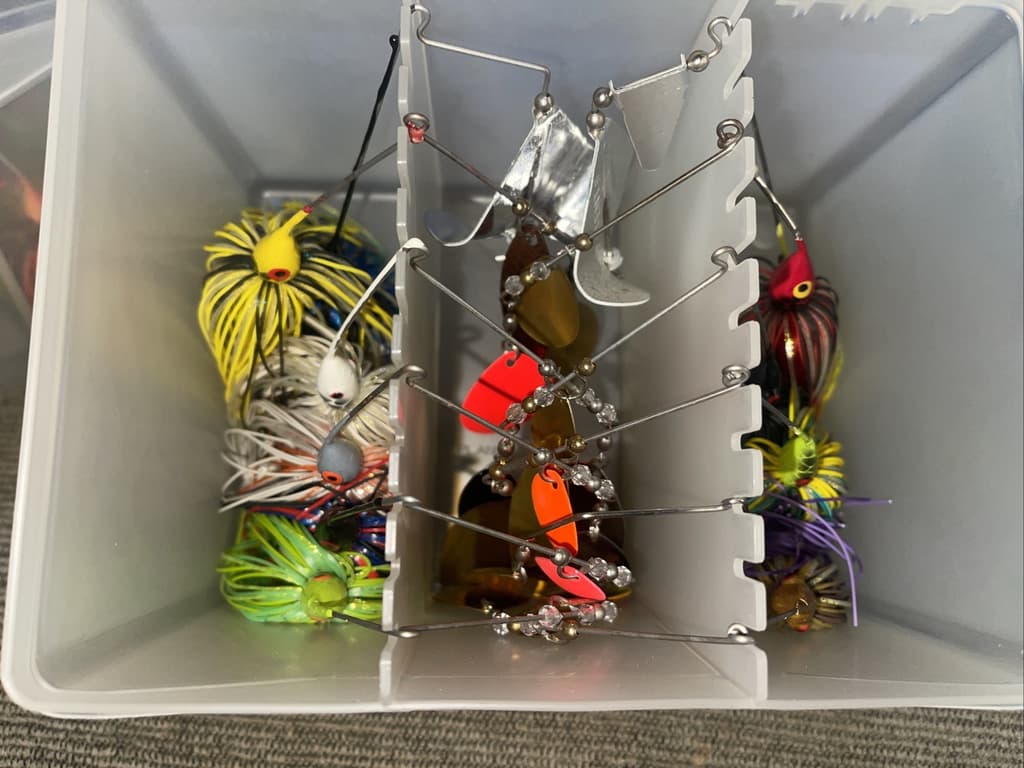 Lot of 12 Spinnerbait Buzzbait Fishing Lure w/ Plano 22 Slot Spinnerbait Box - Image 4