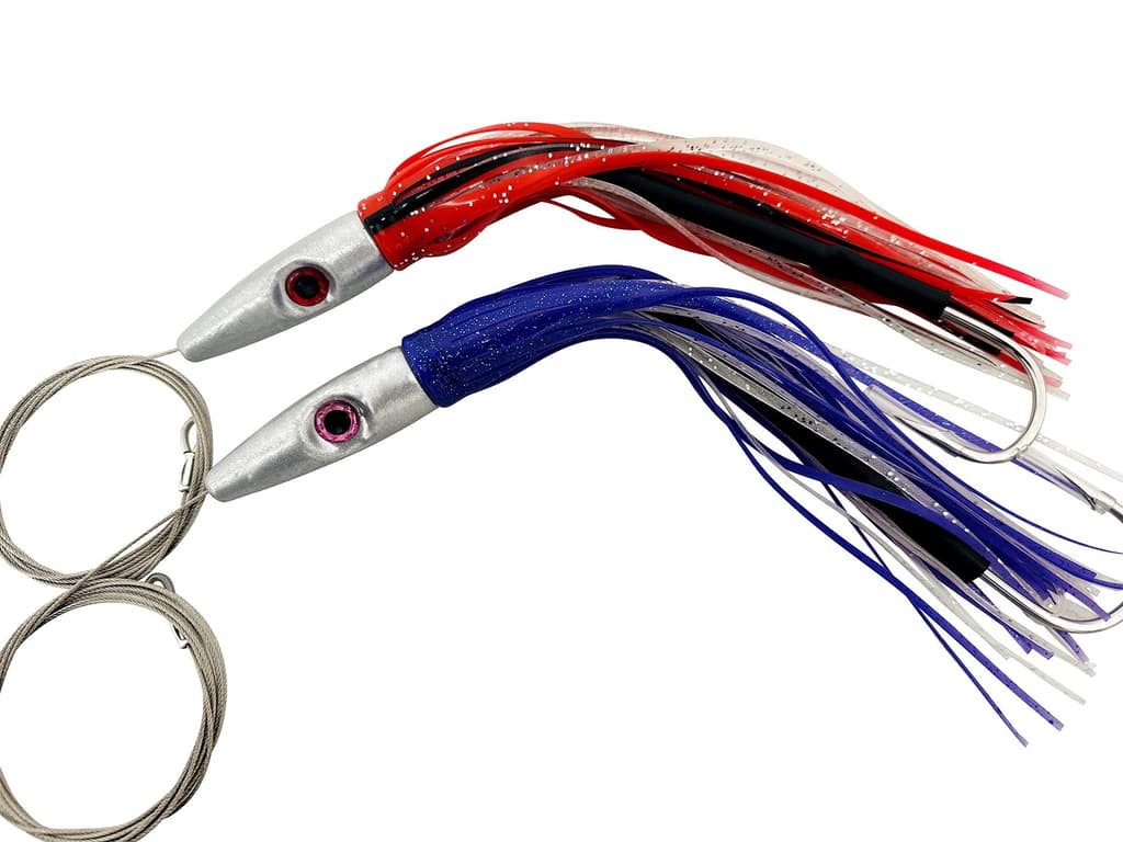 2 Pack High Speed ​​Skirted Wahoo & Tuna Lures Rigged 6ft 150lb Leader Line + Ba - Image 1