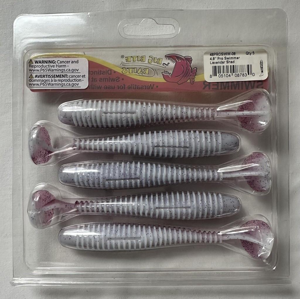 Big Bite Baits 4.8” Pro Swimmer Ribbed Paddle Tail Swimbait 5pk. Lavender Shad - Image 3