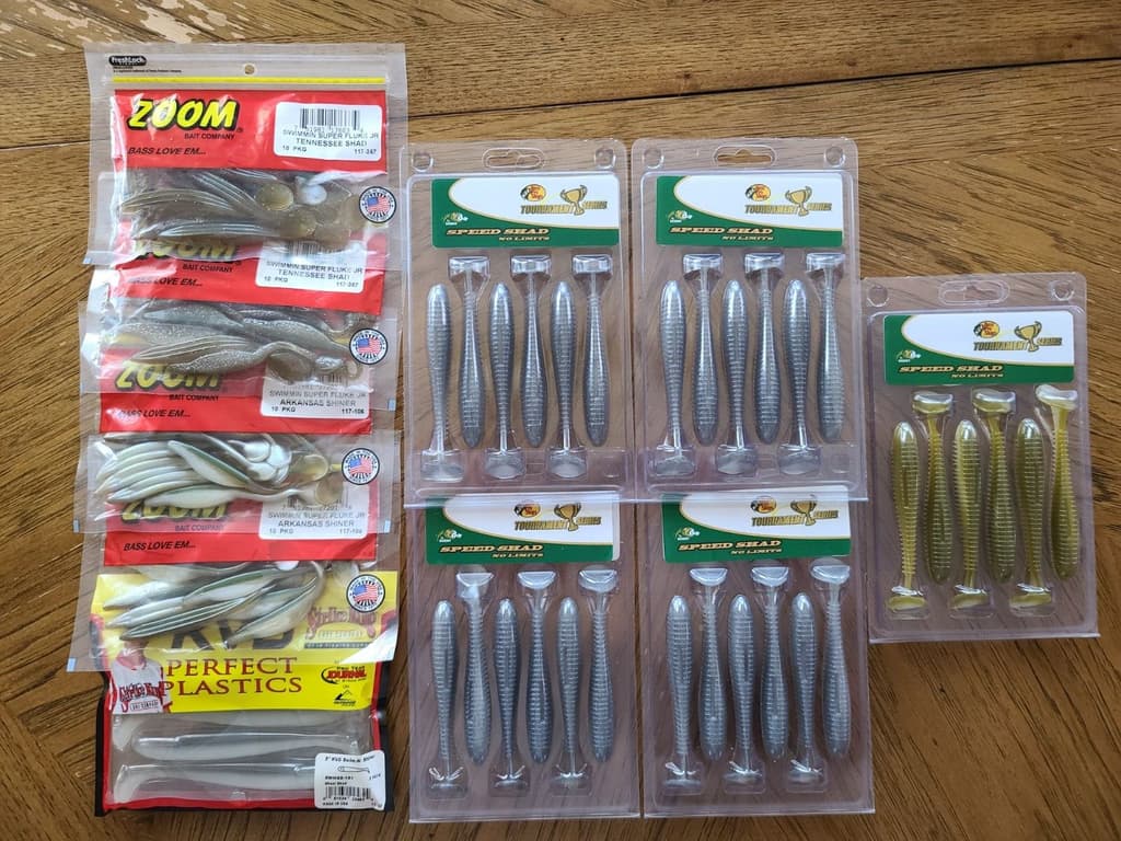 10, BPS Speed Shad, Zoom Swimmin Super Fluke Jr, Strike King KVD Swim N Shiner - Image 1