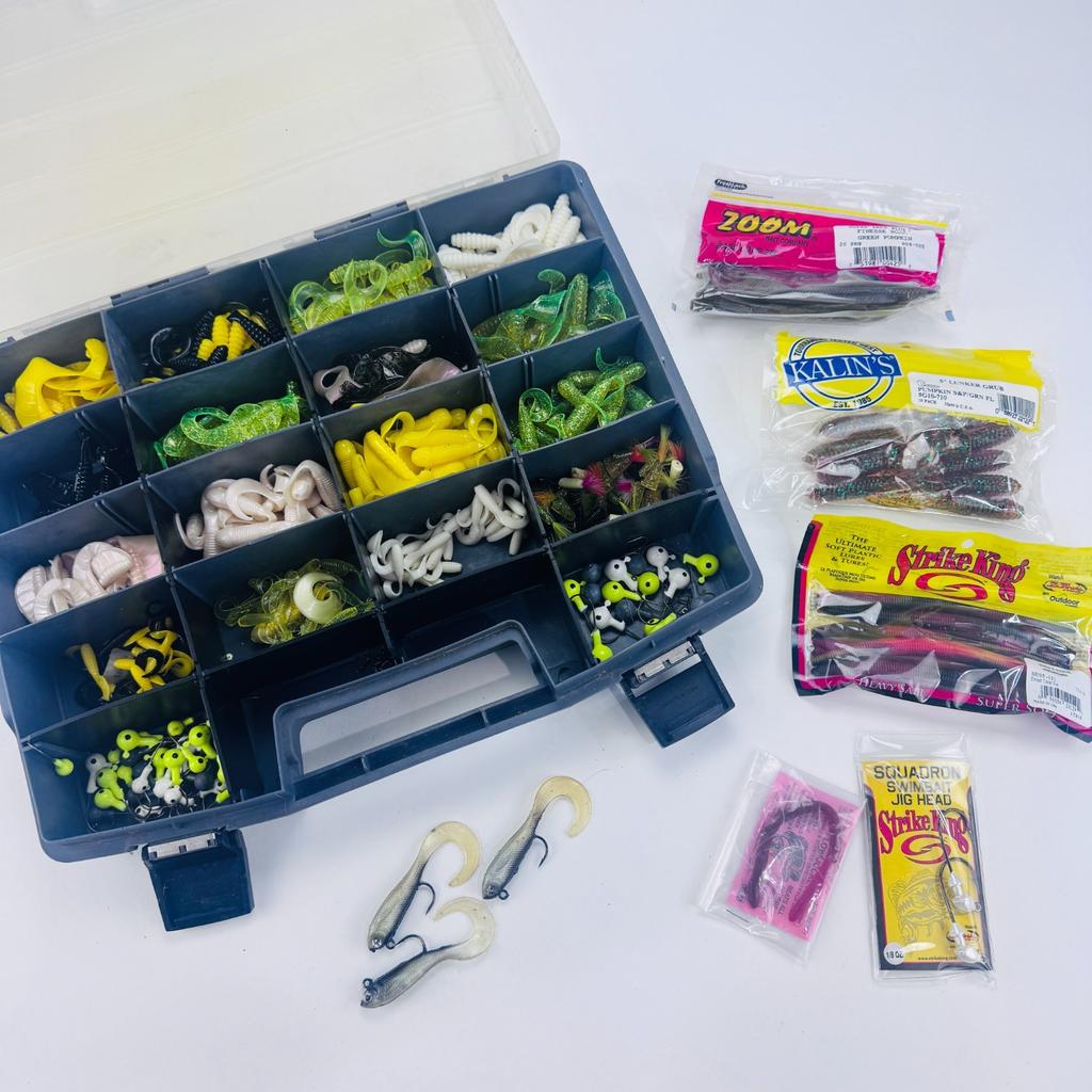 LOT of Fishing Worms Grubs Bait Lures Jelly Strike King Kalin's + Box FREE SHIP - Image 1
