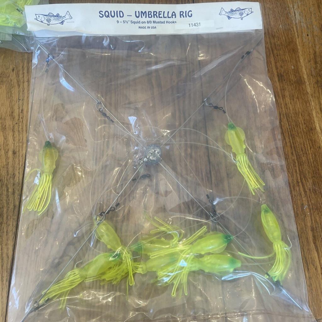 9” Umbrella Rig 4 Arm 11” With 5.5” Squid (9)  8/0 Mustad New Chartreuse Green - Image 1