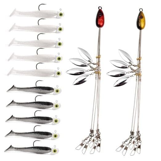 Alabama Rig (A-Rig) Fishing Lures Kit – 2 Rigs, 10 Jig Heads & White Jigs - Image 1