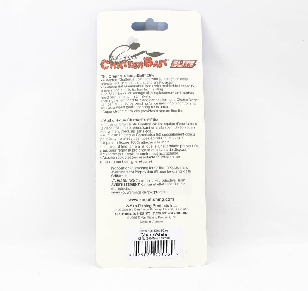 Zman Chatterbait Elite 1/2 oz Sinking Lure Chart White (1539) - Image 2
