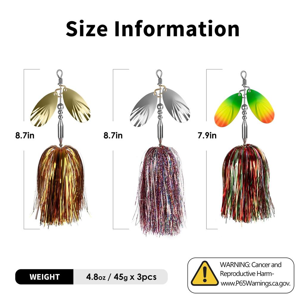 Fishing Spinner 3pcs, Musky Bucktail Spinnerbait with Double Blades for Pike,... - Image 6