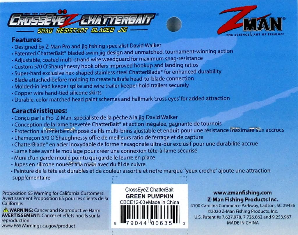 (6) Z-Man 1/2 Oz Crosseyez Chatterbait Fishing Lure Green Pumpkin CBCE12-03 New - Image 4