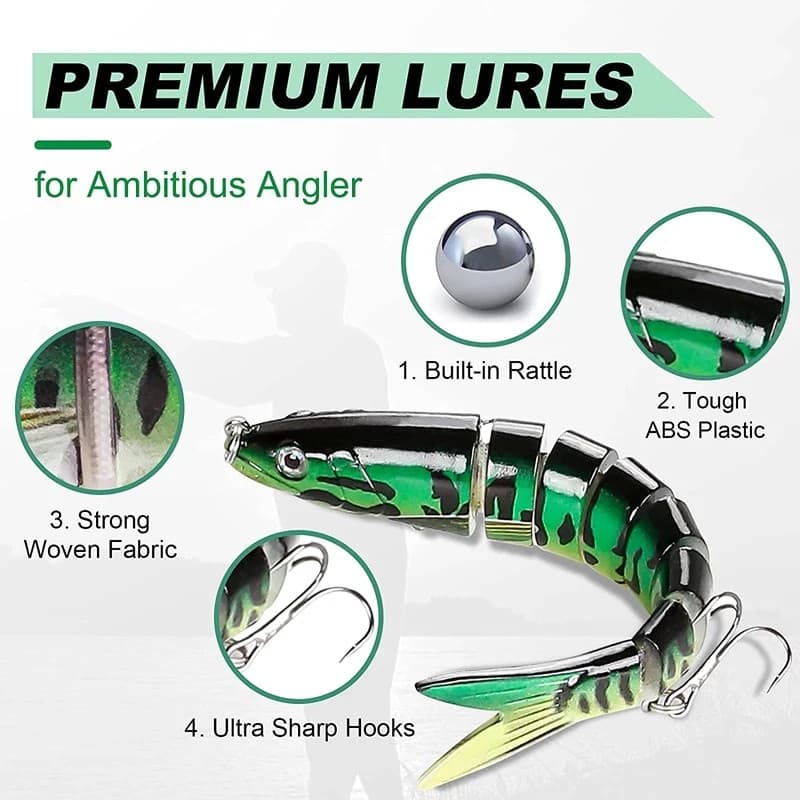 Fishing Lures 8-Segments Fish Bass Minnow Swimbait Tackle Hook Bait Pack of 5 - Image 2