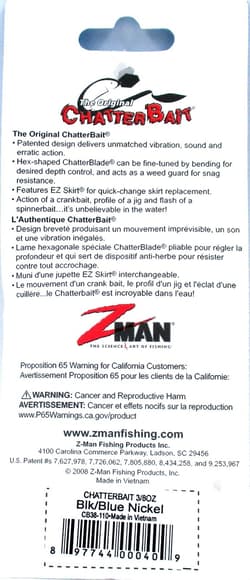 12- Z-Man 3/8 Oz The Original Chatterbait Fishing Lure Black/Blue Nickel CB38110 - Thumbnail 3