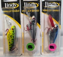 Lot of 3- Lindy Wally Shad 2.5" Blu, Firetiger, Silver Blk 1/3oz Bass Crankbait  - Thumbnail 2