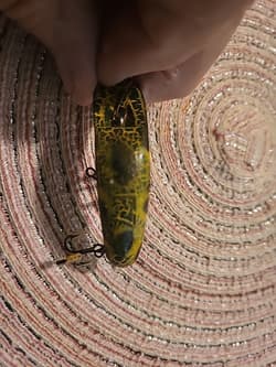 Vintage Helin Lot Of 2 Flatfish Lures F7s. Frog & Camo.2 1/2 " - Thumbnail 9