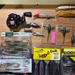 Bass fishing reel & lure set with soft & hard baits, case, multiple items - Thumbnail 2