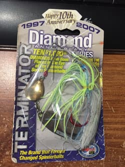 DISCONTINUED TERMINATOR DIAMOND ANNIV. TITANIUM 3/8OZ. SPINNERBAIT NEW/WORN PKG - Thumbnail 1