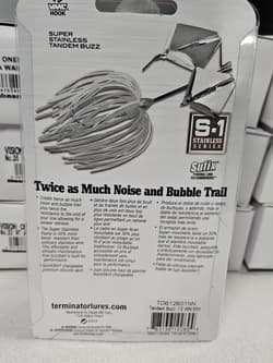 Discontinued Terminator 1/2oz SUPER STAINLESS TANDEM BUZZBAIT...White Shad...NOC - Thumbnail 2