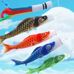 OKBABY Koinobori (Carp Streamer) with 4 Carp and Five-Colored Streamers (6m, 5m, - Thumbnail 1