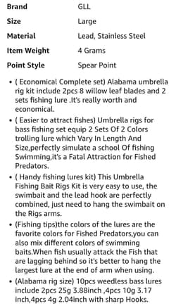 Umbrella Fishing Rig 5 Arms Alabama Rig Kit with Weedness Bait Lure Jigs - Thumbnail 8