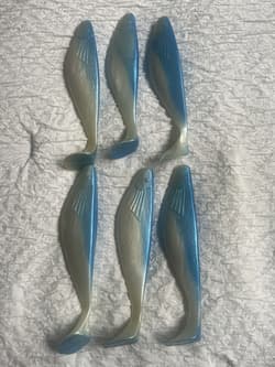 6 Lot 9" Shad Paddle Tail Swimbait Pearl/Blue for Umbrella Rig or Mojo's Lures - Thumbnail 2