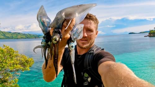Monster Squids from cliff hunting Catch and Eating on a tropical beach