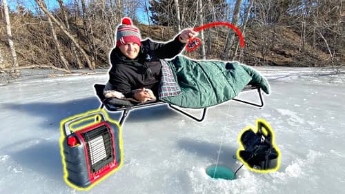 Overnight Winter Survival On A FROZEN Lake!! (FISHING IN BED)