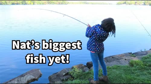 Girl catches giant fish by the river (kid fishing)
