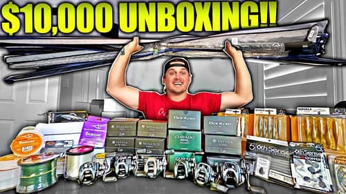 $10,000 WORLD'S LARGEST Fishing Unboxing -- NEW Rods, Reels & Baits!!!