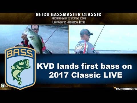 Kevin VanDam catches the first fish of the live show at the Bassmaster Classic