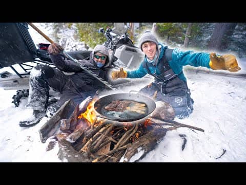 Wilderness Deer Meat CATCH N COOK in a BLIZZARD! (SURF & TURF)