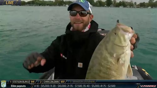 Brandon Lester lands two good smallmouth on Day 1 at St. Clair