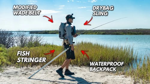 MAN LOADED DOWN for multi-mile wade fishing adventure - catch dinner!