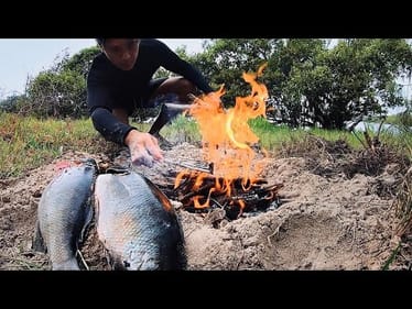 Primitive Cooking Fish On Coals! Pole Spearing Catch & Cook