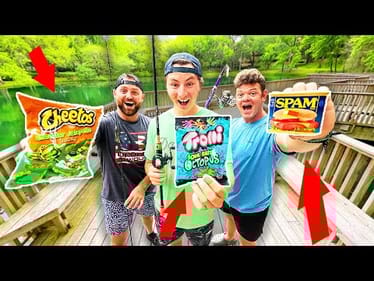 Gas Station FOOD Fishing CHALLENGE For Biggest Fish! (1v1v1)