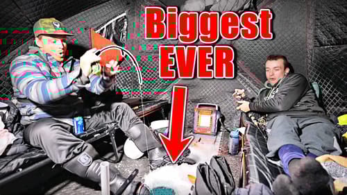 Surprise MONSTER Catch while Ice Camping!! (Biggest EVER Ice Fishing)