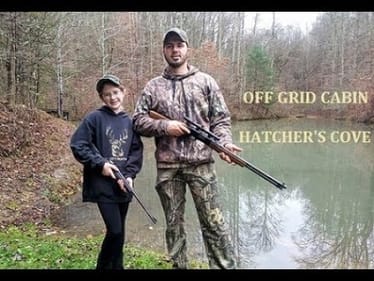 10 year old DAUGHTER, squirrel hunting at Off Grid Cabin